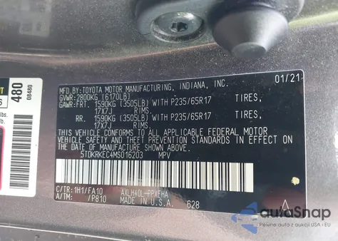 2021 Toyota Sienna Le из США, поврежденный, VIN 5TDKRKEC4MS016203